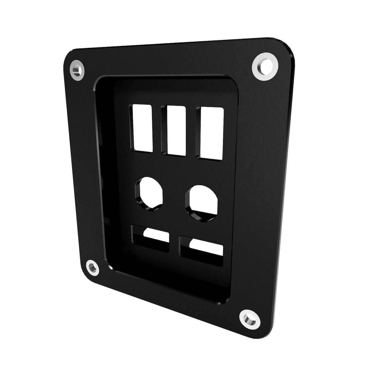 Black accessory panel with multiple holes on a white background