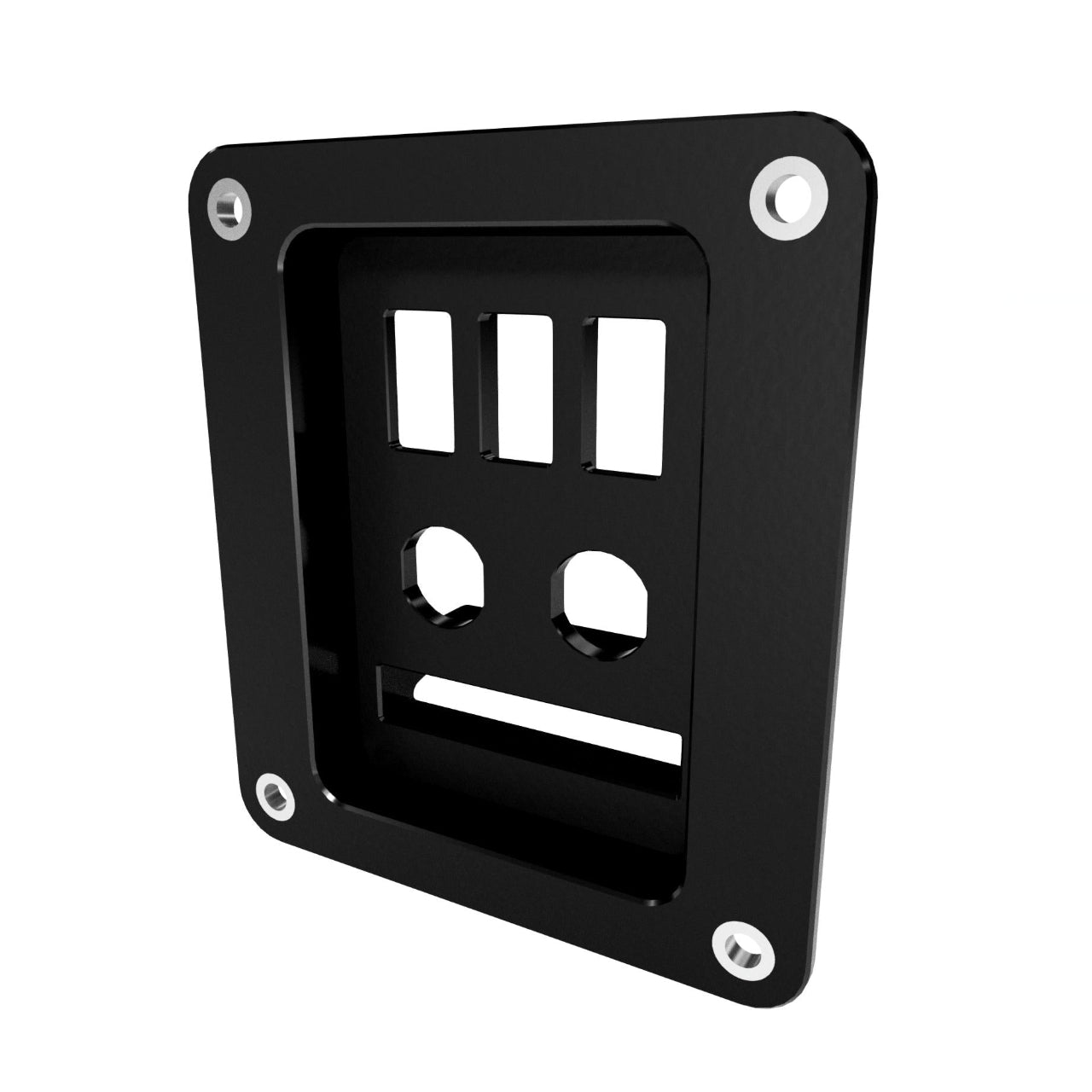 Black accessory panel with multiple holes on a white background