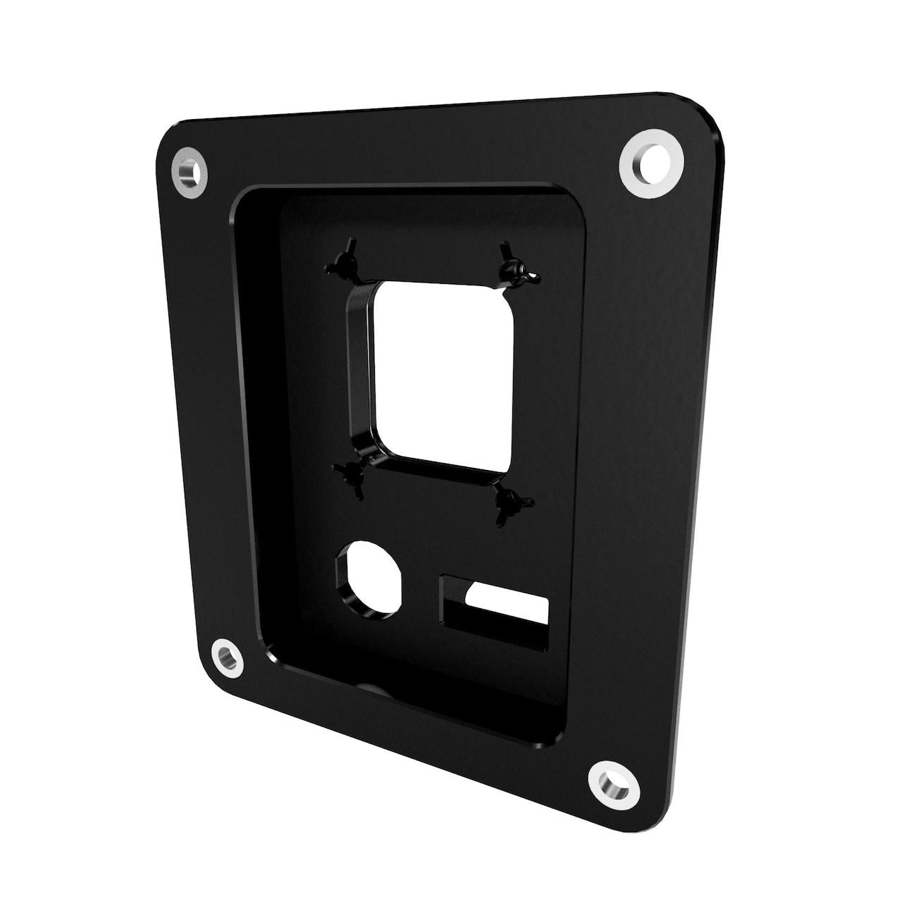 Black accessory panel with multiple holes on a white background