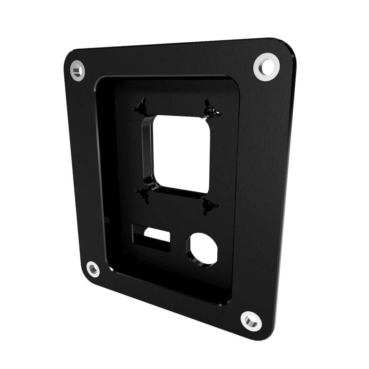 Black accessory panel with multiple holes on a white background