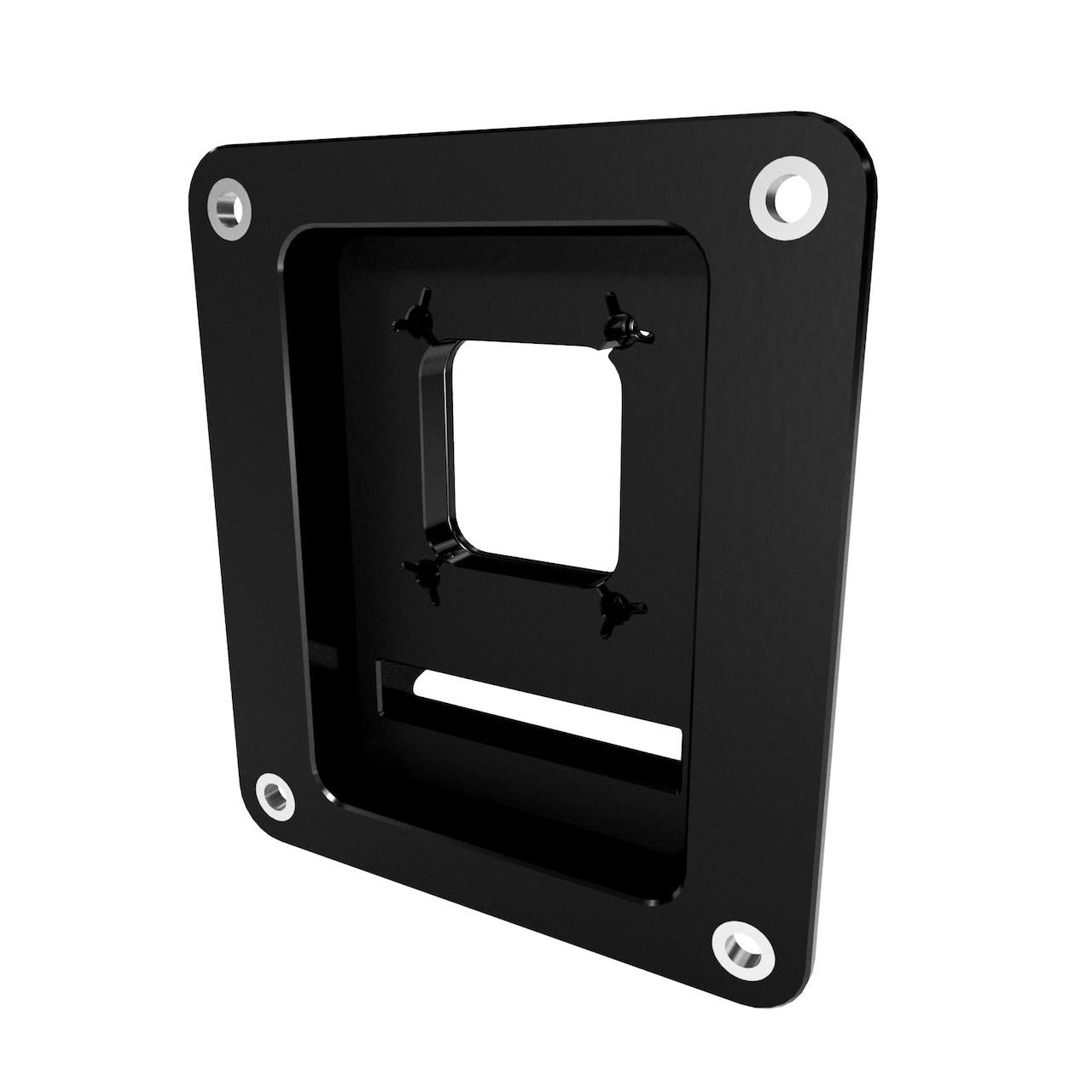 Black accessory panel with multiple holes on a white background