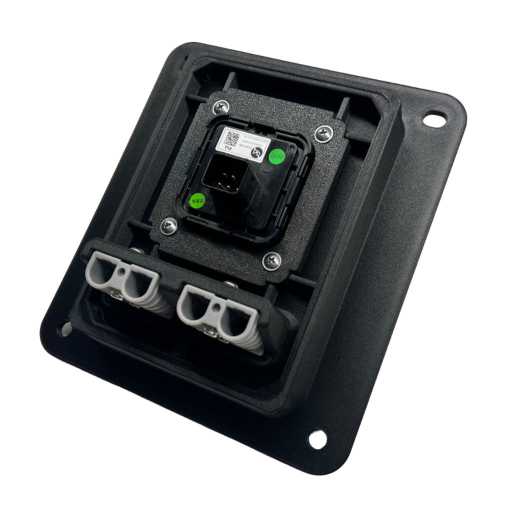 Rear view of a black 240V electrical accessory panel on a white background