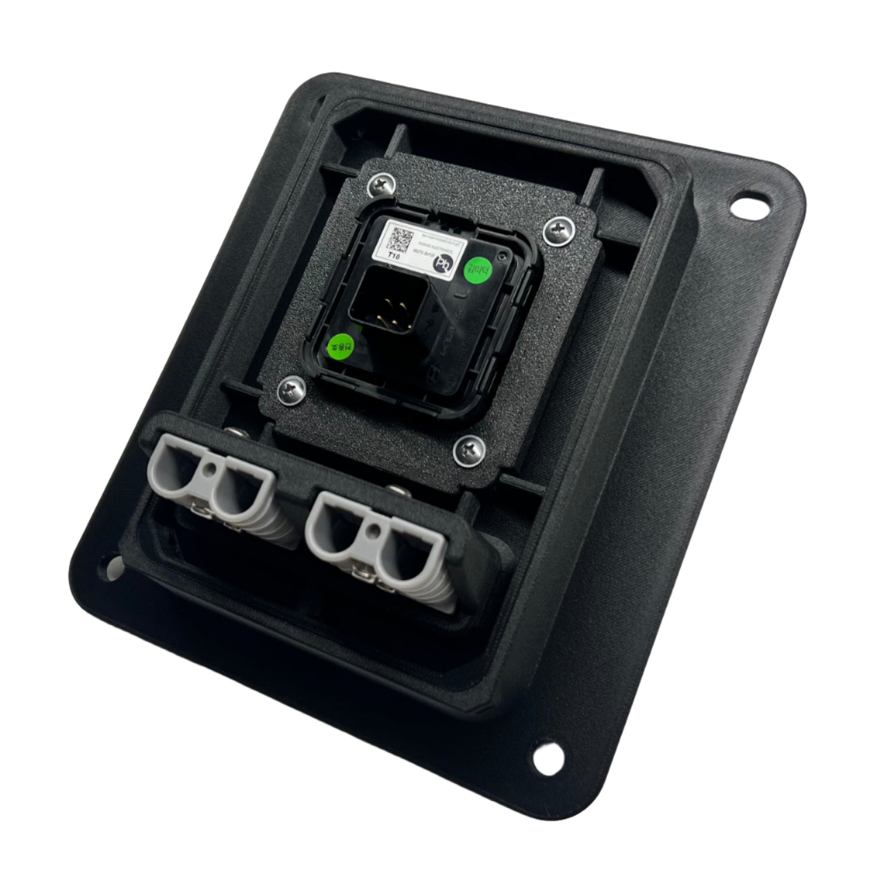Rear view of a black 240V electrical accessory panel on a white background
