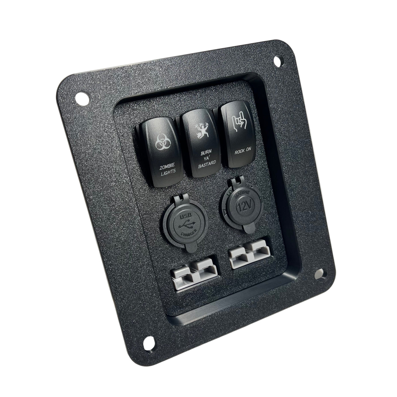 Black accessory panel with multiple switches and plugs on a white surface
