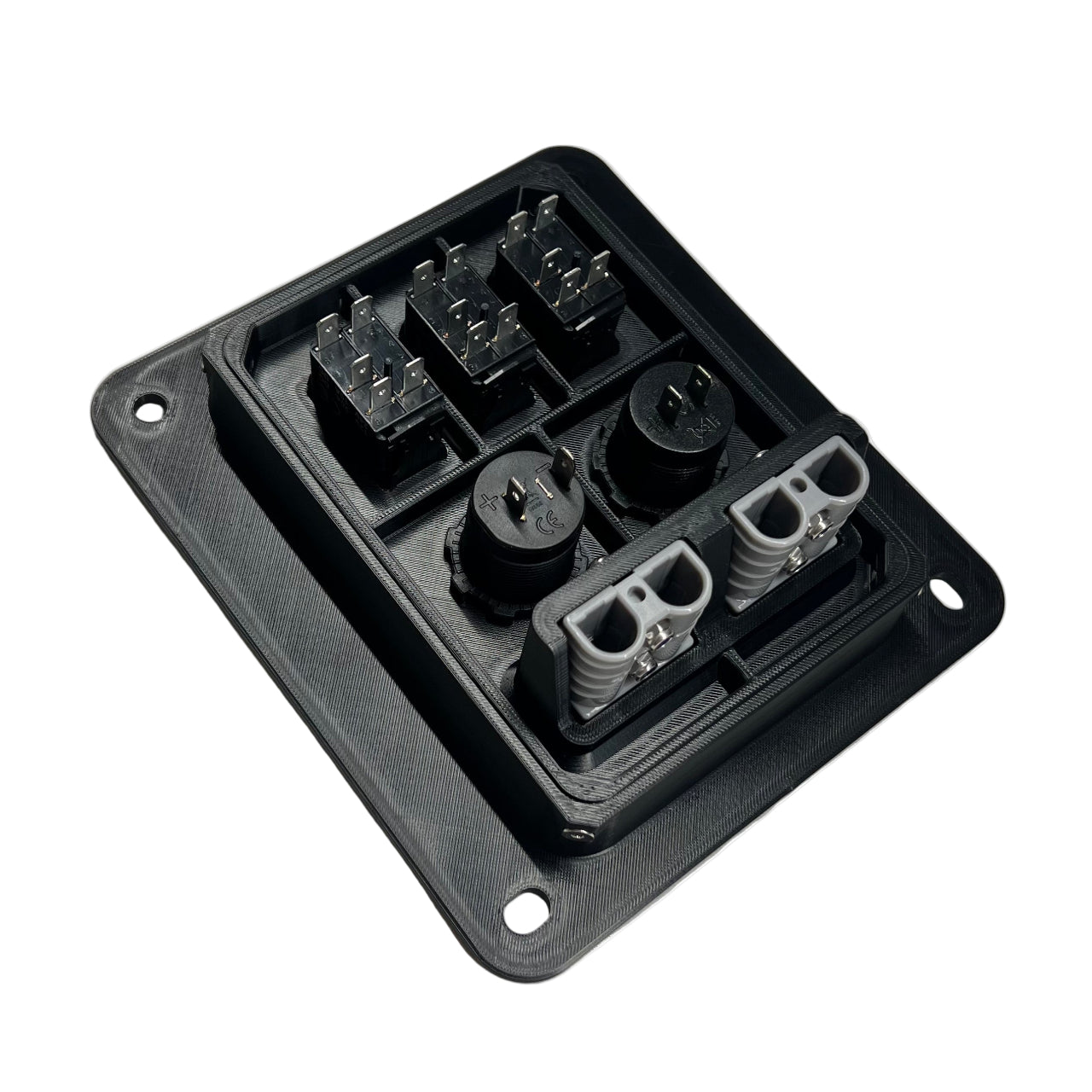 Rear view of a black electrical accessory panel on a white background