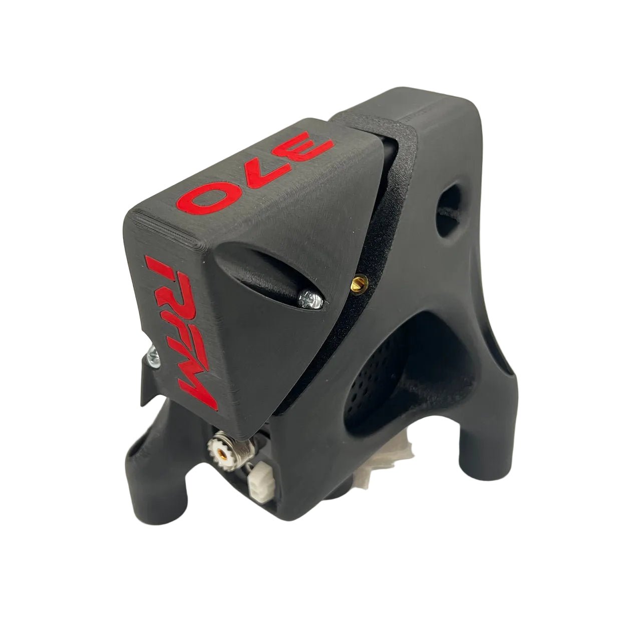 A partially opened 3D printed enclosure with a GME XRS-370C UHF radio enclosed