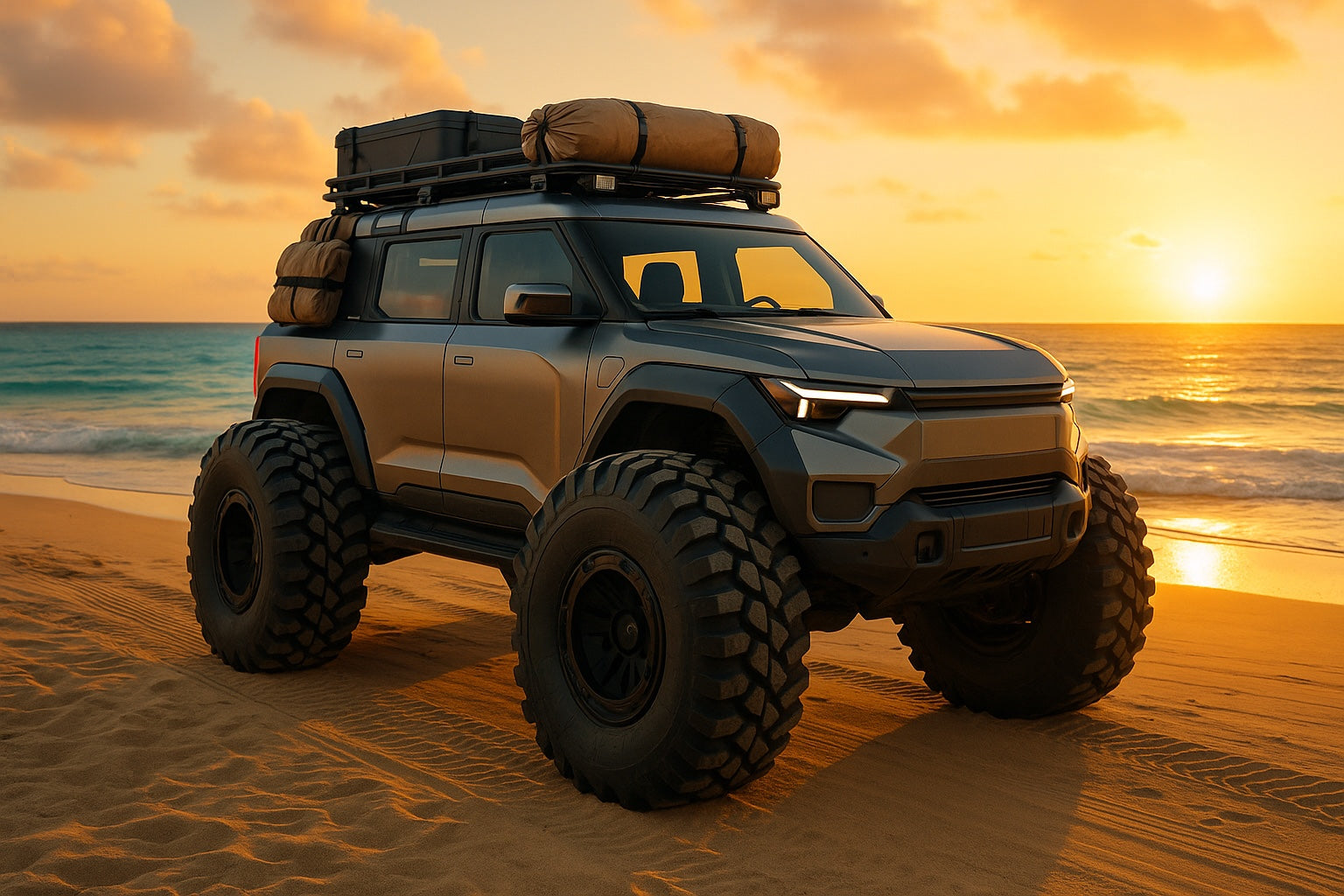 A fictional overlanding vehicle with oversized tires parked on a beautiful beach with ocean waves in the background